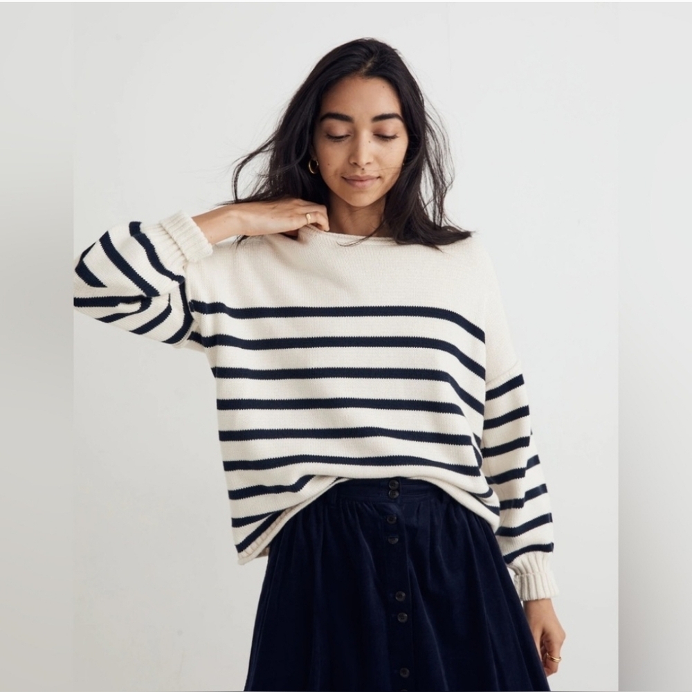 MADEWELL 100% Cotton Striped Cream and Blue Women's Sweater